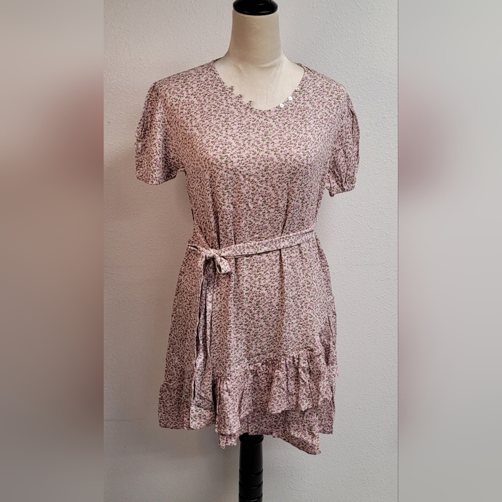 Good luck Girl's Floral summer Pink Dress w/Belt, ruffled, shell buttons details
